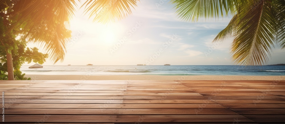 Poster abstract tropical beach with sunlight, wooden table for montage with a spacious image section. repre