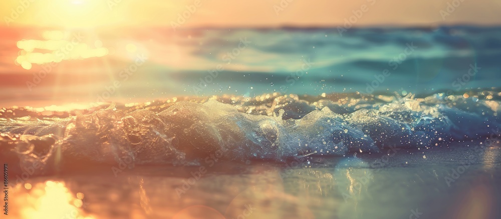 Poster a blurry tropical beach with sunlit waves creates an abstract background for a summer vacation theme