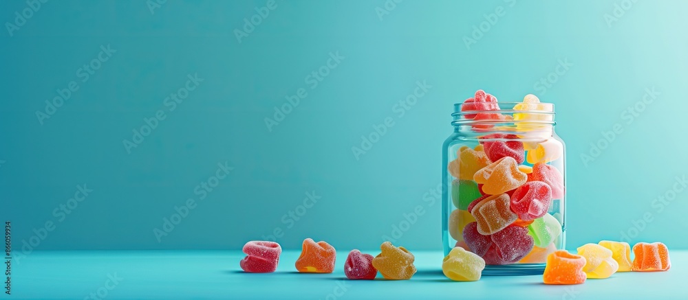 Poster Blue background with a jar of assorted jelly candies, offering copy space in the scene.