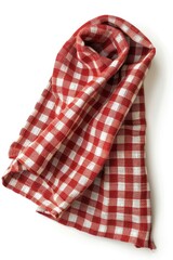 A red and white checkered scarf is laying on a white background