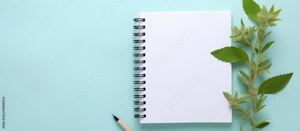 Poster Mock-up image of an empty notebook featuring a blue handle, mint leaves, set against a soft blue pastel background with space for text or design. with copy space image