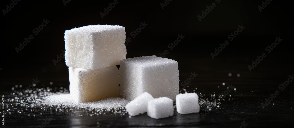 Poster Closeup shot of cube and granulated sugar against a dark backdrop with empty space for text or graphics. with copy space image. Place for adding text or design