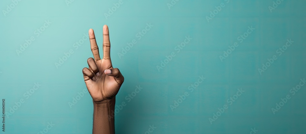 Poster Hand displaying peace sign with copy space image.