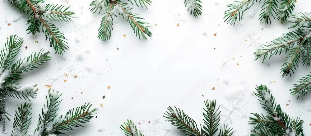 Leinwandbilder Christmas greeting surrounded by a frame of fir branches on a white background with available space for your text. with copy space image. Place for adding text or design