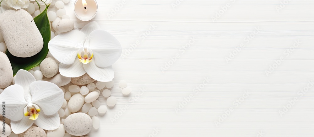 Poster spa supplies arranged on a white backdrop with copy space image.