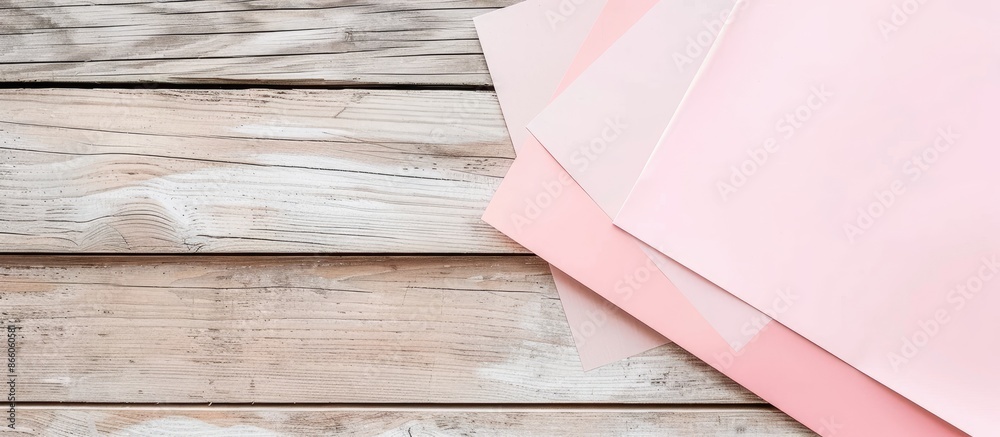Poster Abstract white and pink paper sheets adorning a wooden table with a copy space image for text, serving as a creative background perfect for design or mock-ups.