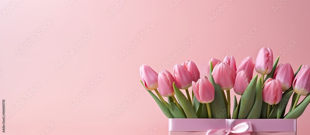 Poster banner with a group of pink tulips on a matching pink backdrop, featuring a card displaying 'happy b
