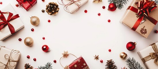 Top view flat lay of Christmas gifts and red/gold decorations on a white backdrop with copy space for an image.
