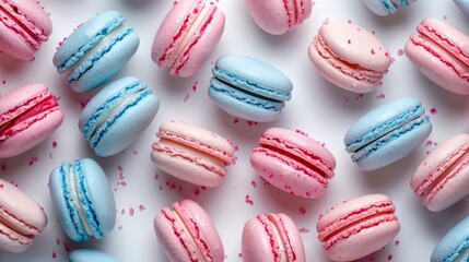 Obraz premium French macaroons on color background, parisian chic cafe dessert, sweet food and cake macaron for luxury confectionery brand,Pastry, bakery and branding concept.