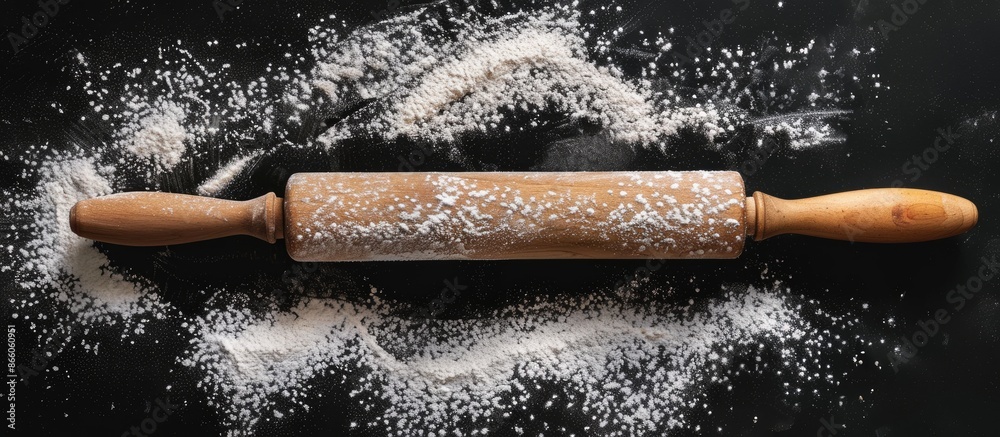 Aufkleber Top view of a rolling pin dusted with flour on a black backdrop, perfect for adding text or visuals, creating a baking-themed copy space image.