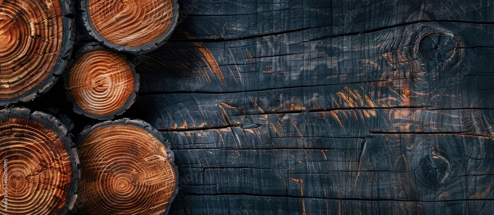 Poster wooden natural sawn logs as background, top view, flat lay. copy space image. place for adding text 