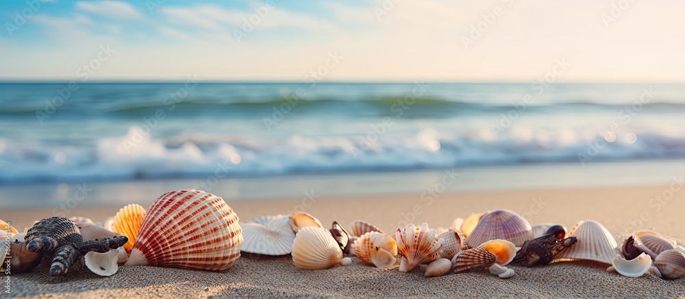 Aufkleber Various shells scattered on the beach sand with a view of the ocean in the background, creating an exquisite composition for a copy space image.