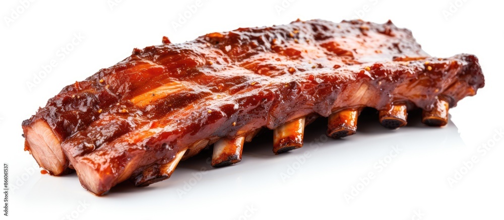 Poster smoked bbq pork ribs, sliced and isolated against a white background with copy space image.