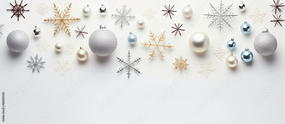 Aufkleber Festive Christmas display with snowflake on a white backdrop. Featuring Xmas, winter, and New Year elements in a flat lay composition with a top view and room for text or images