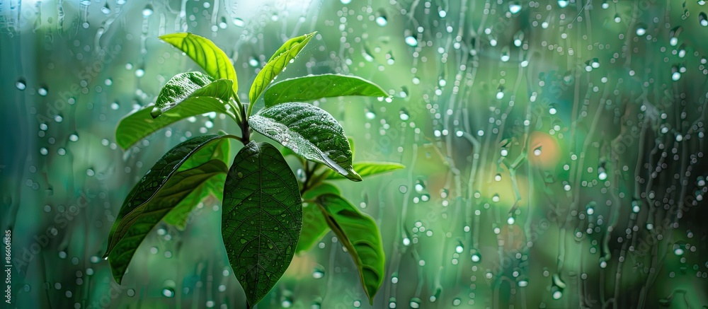 Poster Close up of foliage of a young avocado tree against a rainy window, selective focus. with copy space image. Place for adding text or design