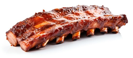 Smoked BBQ pork ribs, sliced and isolated against a white background with copy space image.