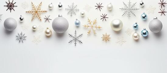 Fototapeta premium Festive Christmas display with snowflake on a white backdrop. Featuring Xmas, winter, and New Year elements in a flat lay composition with a top view and room for text or images