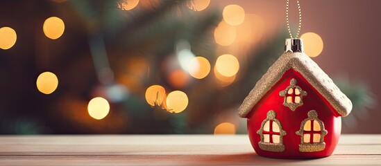 Red house-shaped Christmas tree ornament with copy space image, symbolizing house insurance and a festive gift.