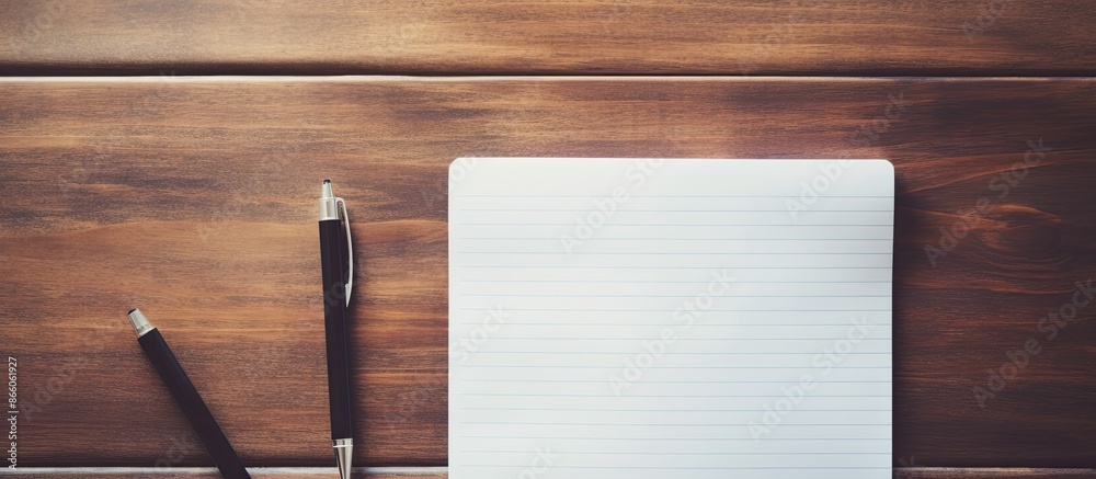Aufkleber Writing letter on notebook paper with pen on wooden table featuring copy space image.