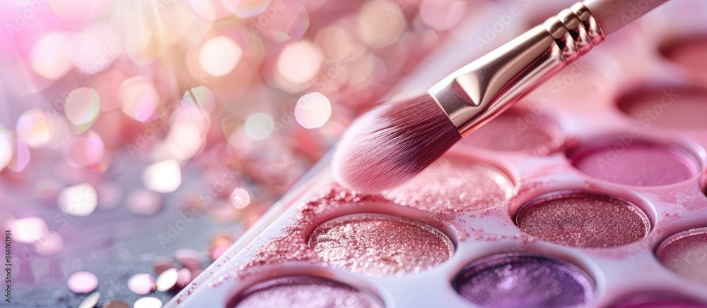 Poster A professional makeup brush applying pink eyeshadows from a palette displayed in a close-up image of makeup tools with a long banner for copy space.