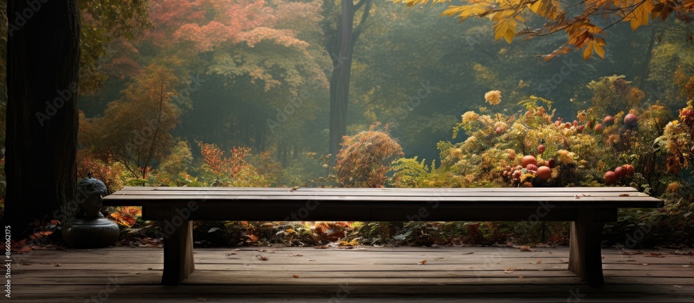 Aufkleber autumn scenery featuring a wooden table with a vacant area for product presentation in an outdoor se