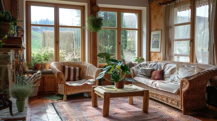 Fototapeta premium Cozy warm Living room with wooden woven furniture Generative AI