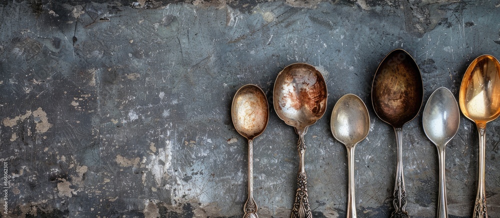 Aufkleber Vintage spoons displayed on a stone table from above, creating a layout with a copy space image.