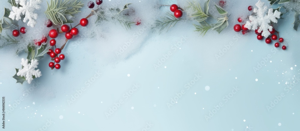 Poster winter-themed composition featuring a frame created with snowflakes and red berries on a soft blue b