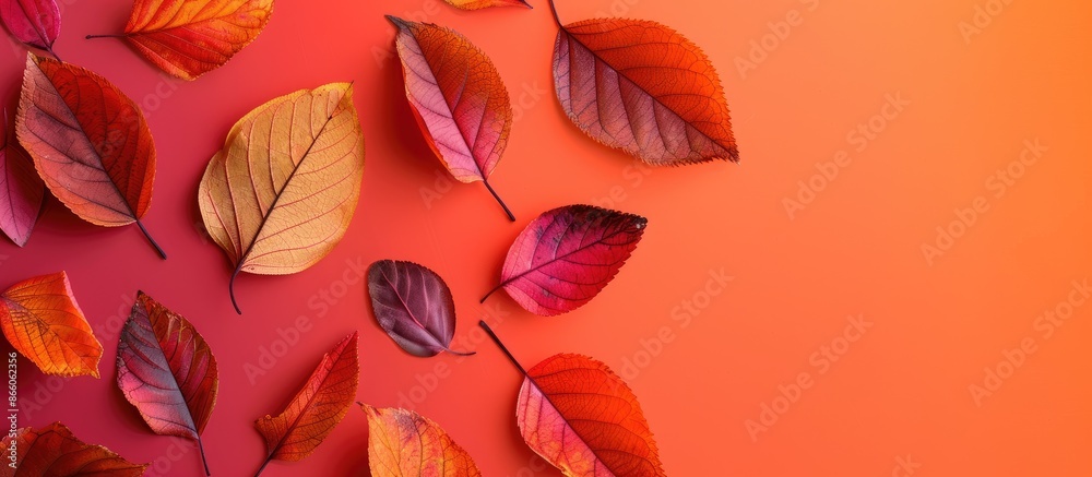Poster Autumn leaves on a colored background create a composition with plenty of copy space image.