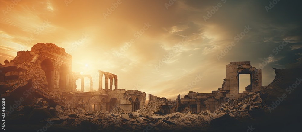 Fototapete Background design featuring abstract blur of building ruins with copy space image.