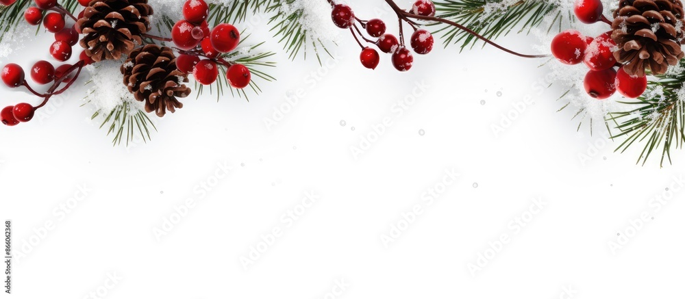 Poster A Christmas-themed border frame featuring tree branches, red berries, and pine cones on a white background with ample copy space for adding text or images.