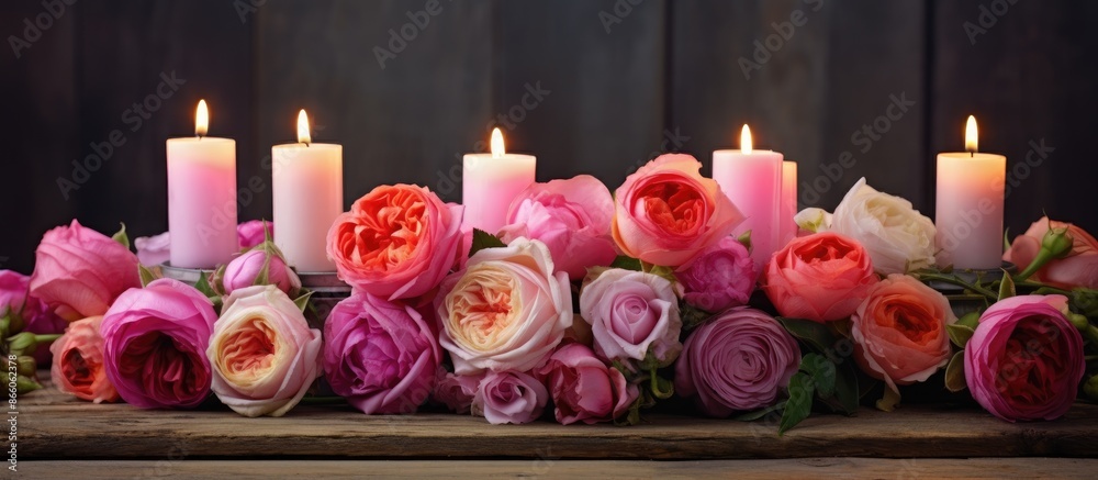 Poster a floral display featuring roses and ranunculus, accompanied by candles, set against a rustic wooden