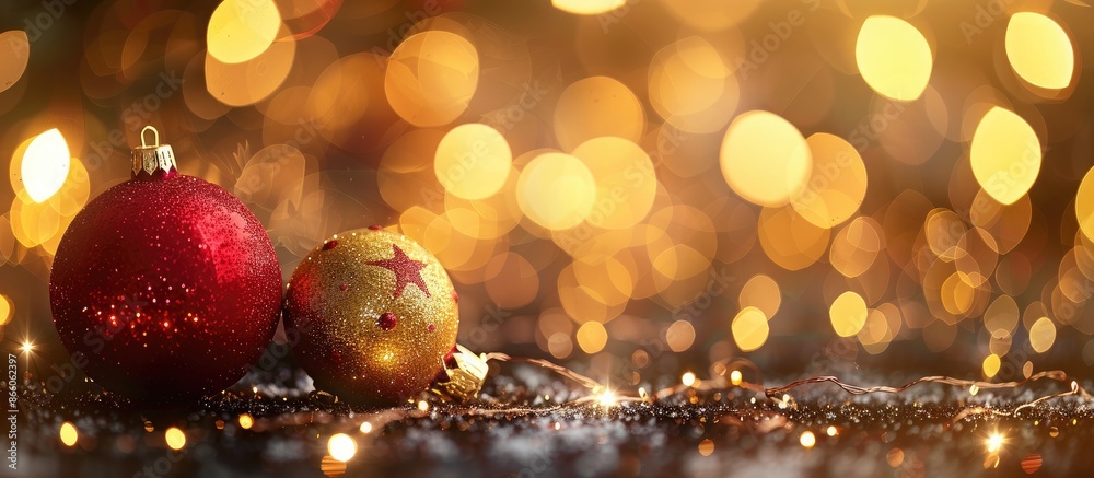 Aufkleber red and gold christmas baubles on background of defocused golden lights. shallow dof. copy space ima