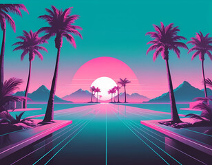 Retro Futuristic Vaporwave - scene, beach with palm trees, beach with palm trees and sun