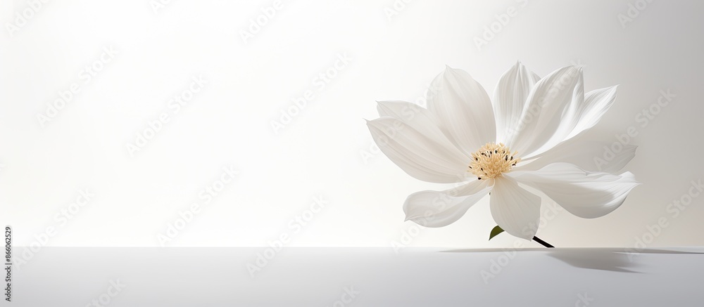 Fototapete white flower on a white backdrop casting a shadow to the right with copy space image.