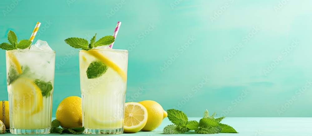 Aufkleber lemonade and soda glasses filled with ice and mint, featuring a copy space image for a refreshing lo