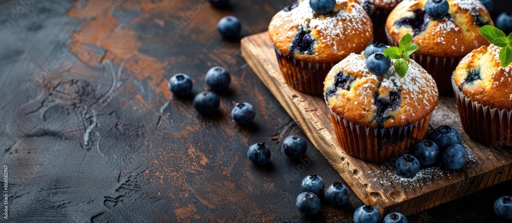 Poster blueberry muffins on a wooden board on a table with copy space image.