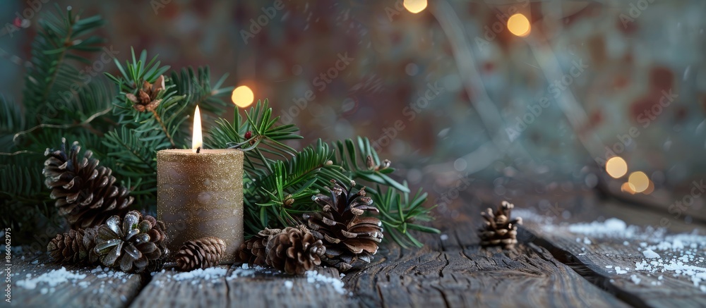 Poster festive christmas decorations featuring a candle, fir branches, pine cones, presented on a rustic wo