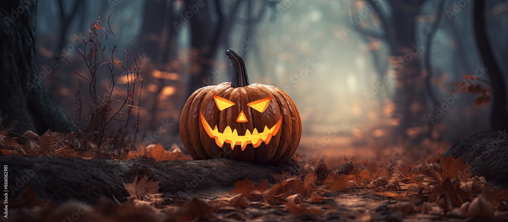 Aufkleber horror background with a pumpkin jack o'lantern on grass in front of a spooky forest at night, embod