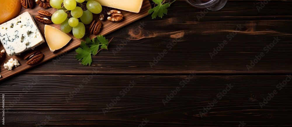 Aufkleber Top-down view of wine, grapes, nuts, and cheese with room for your text in the image. with copy space image. Place for adding text or design