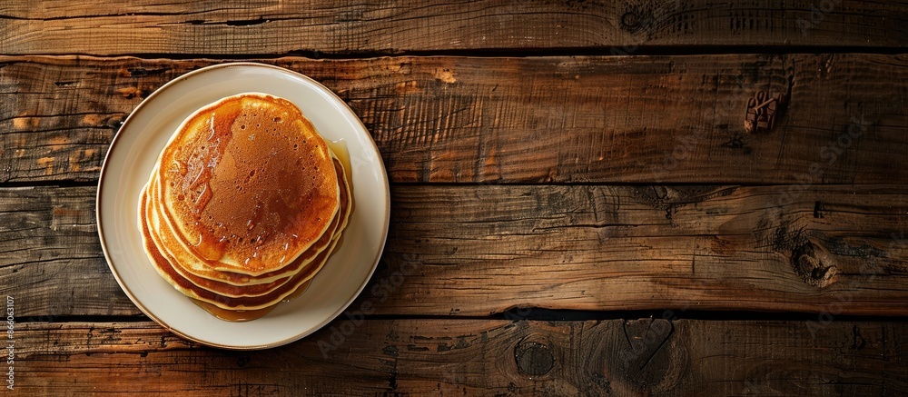 Poster Rustic background for pancakes on a wooden table, enhancing the breakfast setting with nobody in the image, leaving ample copy space for additional elements.