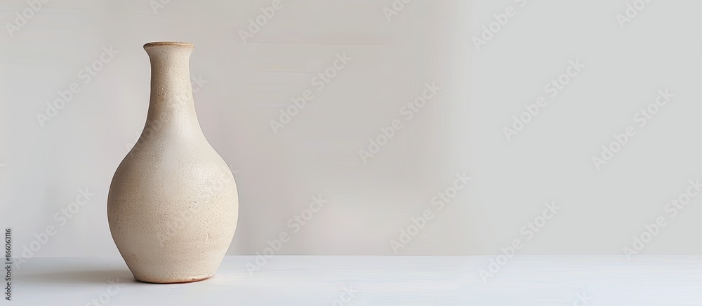 Poster close-up shot of an empty ceramic vase in a modern style. a beige vase with a narrow neck is isolate