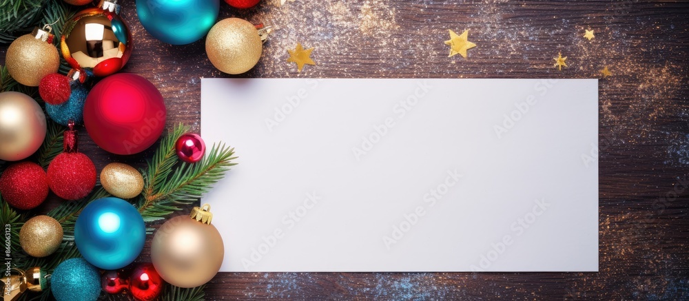 Poster colorful christmas decorations and a letter to santa arranged in a flat lay composition with a copy 