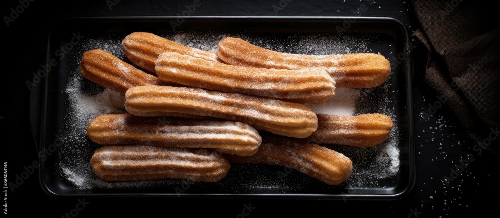 Aufkleber top view flat lay of churros dusted with sugar powder in a paper tray placed on a black background, 