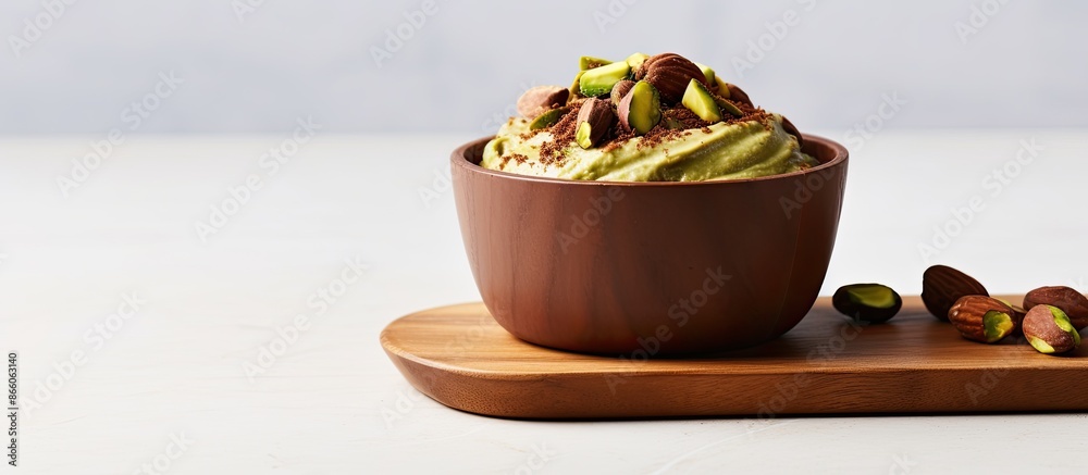 Poster avocado chocolate mousse topped with pistachios in a wooden bowl set against a blank white backgroun