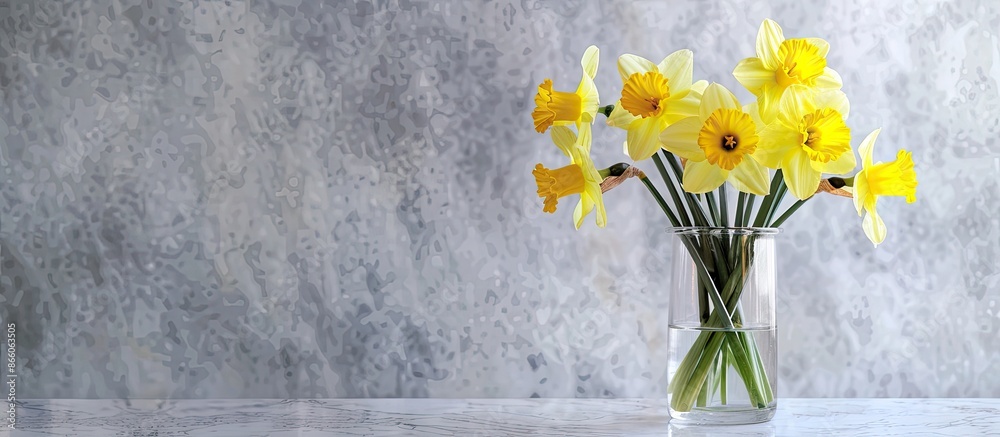 Poster A beautiful arrangement of yellow daffodils in a vase rests on a sleek marble table with ample copy space image.