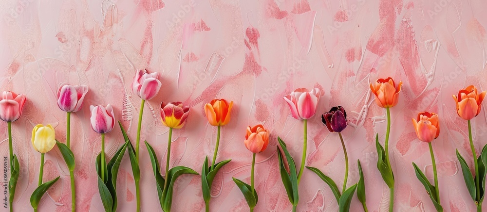 Poster Spring-themed tulips in various colors on a soft pink backdrop with ample space for text, ideal for a greeting card or holiday invitation.