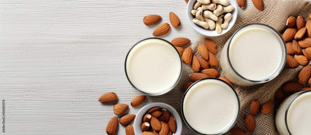 Poster assorted plant-based milk options like almond and cashew displayed on a table with a top view, suita