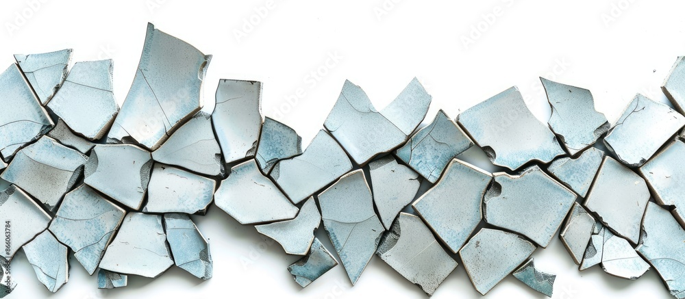 Poster fragments of broken ceramic tiles of gray-blue color in a check on a white isolated background. with copy space image. Place for adding text or design