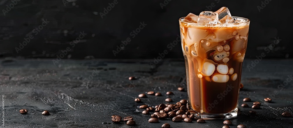 Poster iced coffee with cream, ice cubes, and beans in a tall glass on a dark concrete surface, set against